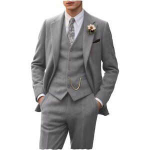 Men's Coffee 3 Piece Slim Fit Herringbone Suit Groom Tuxedo Wedding Set